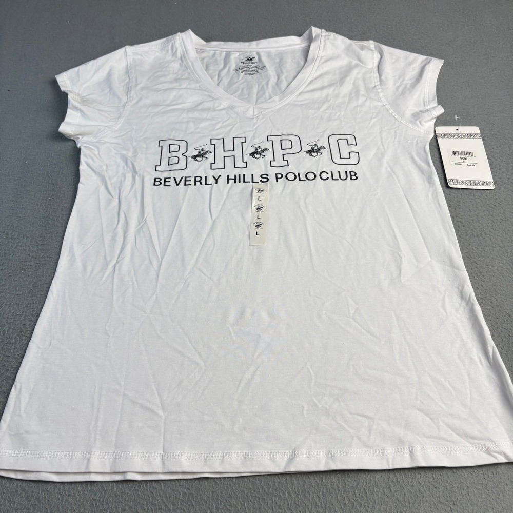 Beverly Hills Polo Club Womens White V-Neck Graphic T-Shirt BHPC Logo Large NWT